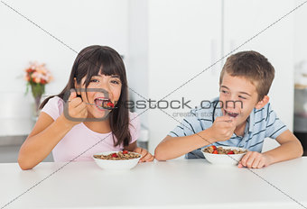 Siblings eating cereal for breakfast in kitchen