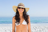 Smiling attractive brunette with straw hat and sunglasses