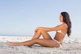 Thoughtful attractive brunette in white bikini posing while sitting