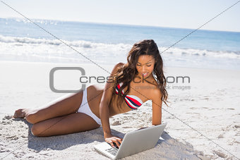Sexy young woman in bikini using her laptop