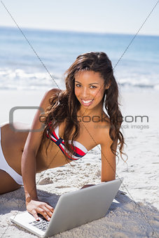 Cheerful sexy young woman in bikini using her laptop