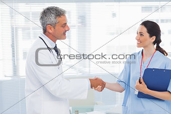 Smiling doctor shaking hands with nurse
