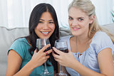 Smiling friends having red wine together looking at camera