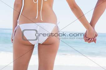 Young couple in swimwear holding hands rear view