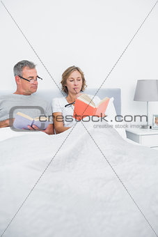 Relaxed couple sitting in bed reading books