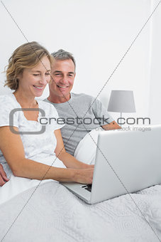 Cheerful couple using their laptop together in bed
