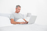 Grey haired man using laptop in bed
