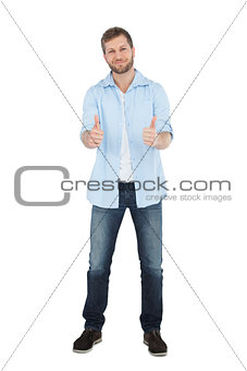 Confident model giving thumbs up to camera