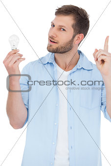 Sceptical model holding a bulb and getting idea