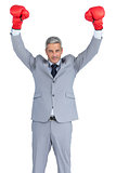 Businessman posing with red boxing gloves hands up