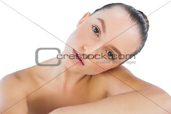 Model titling head on shoulder