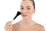 Model applying face powder with brush