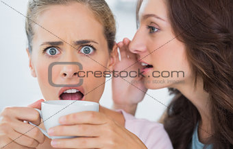 Woman telling secret to her friend and astonishing her