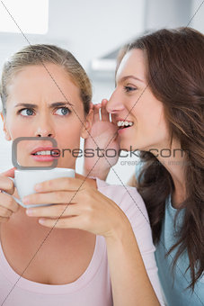 Woman telling secret to her friend while drinking coffee