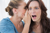 Stunned woman being told a secret by her friend
