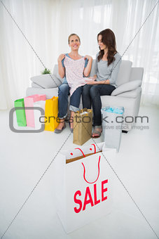 Women with purchases and shopping bag on foreground
