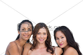 Natural nude women leaning on the center womans shoulders
