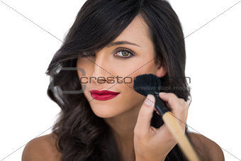 Glamorous brunette applying blusher on her cheek
