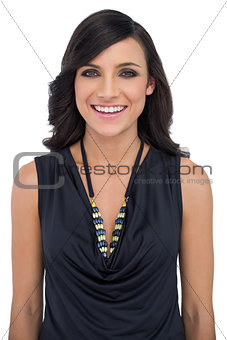 Brown haired model with black classy clothes posing