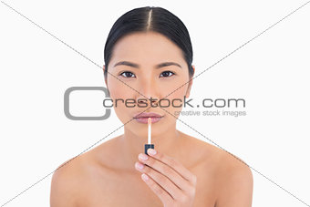 Concentrated beautiful model applying lip gloss