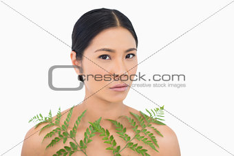Earnest sensual dark haired model posing with fern