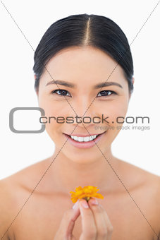 Smiling natural black haired model holding orange coloured flower