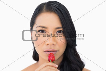 Attractive brown haired model with strawberry