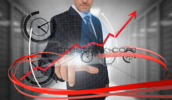 Businessman touching clock on futuristic interface with swirling lines