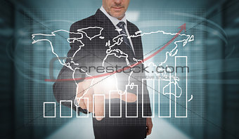 Businessman touching futuristic chart and map interface