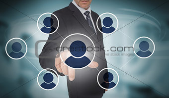 Businessman touching futuristic social media interface