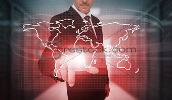 Businessman pressing red world map interface