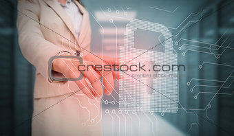 Businesswoman touching lock and circuit board graphic