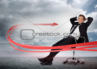 Businessman sitting with red arrow going past him