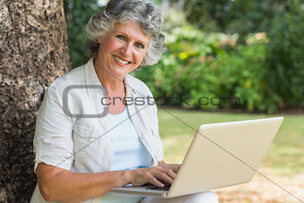 Cheerful mature woman using a laptop sitting on tree trunk