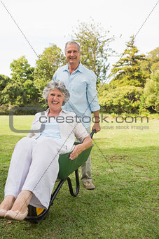 Funny man pushing his wife in a wheelbarrow