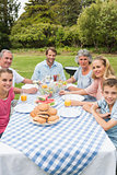 Cheerful extended family having dinner outdoors at picnic table