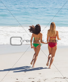 Gorgeous brunette and blonde running holding hands