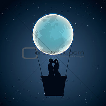 Lovers by hot air balloon moon form, vector Eps10 illustration.