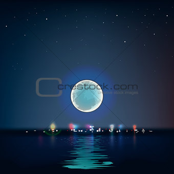 Full blue moon over cold night water, vector Eps10 illustration.