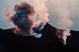 Smoking erupting volcano on Stromboli island, Sicily