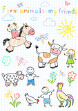 Vector sketches happy children's and farm animals