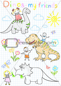 Vector sketches happy children's and dinosaurs
