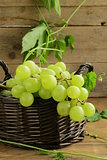 Organic grapes in a basket on a wooden table