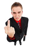 Unhappy businessman showing middle finger
