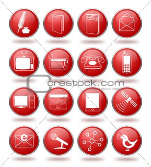 Communication icon set in red spheres