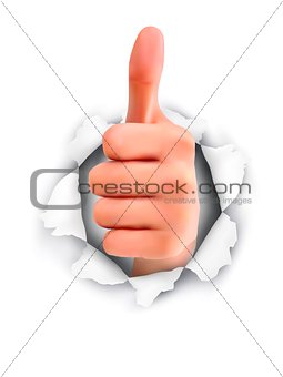 Hand with thumb up through a hole in ripped paper. Vector