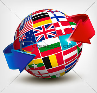 Flags of the world in globe with an arrow. Vector illustration. 