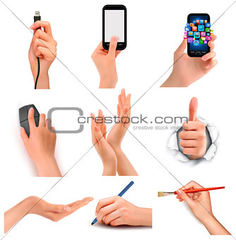Set of hands holding different business objects.Vector 
