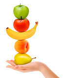 Group of fresh fruit with hand. Dieting concept. Vector. 