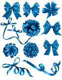 Big set of blue gift bows with ribbons. Vector illustration. 